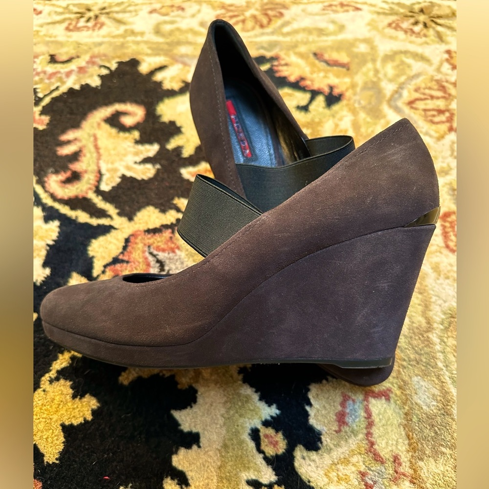 Prada Suede Mary Jane Wedge Heels Gem
